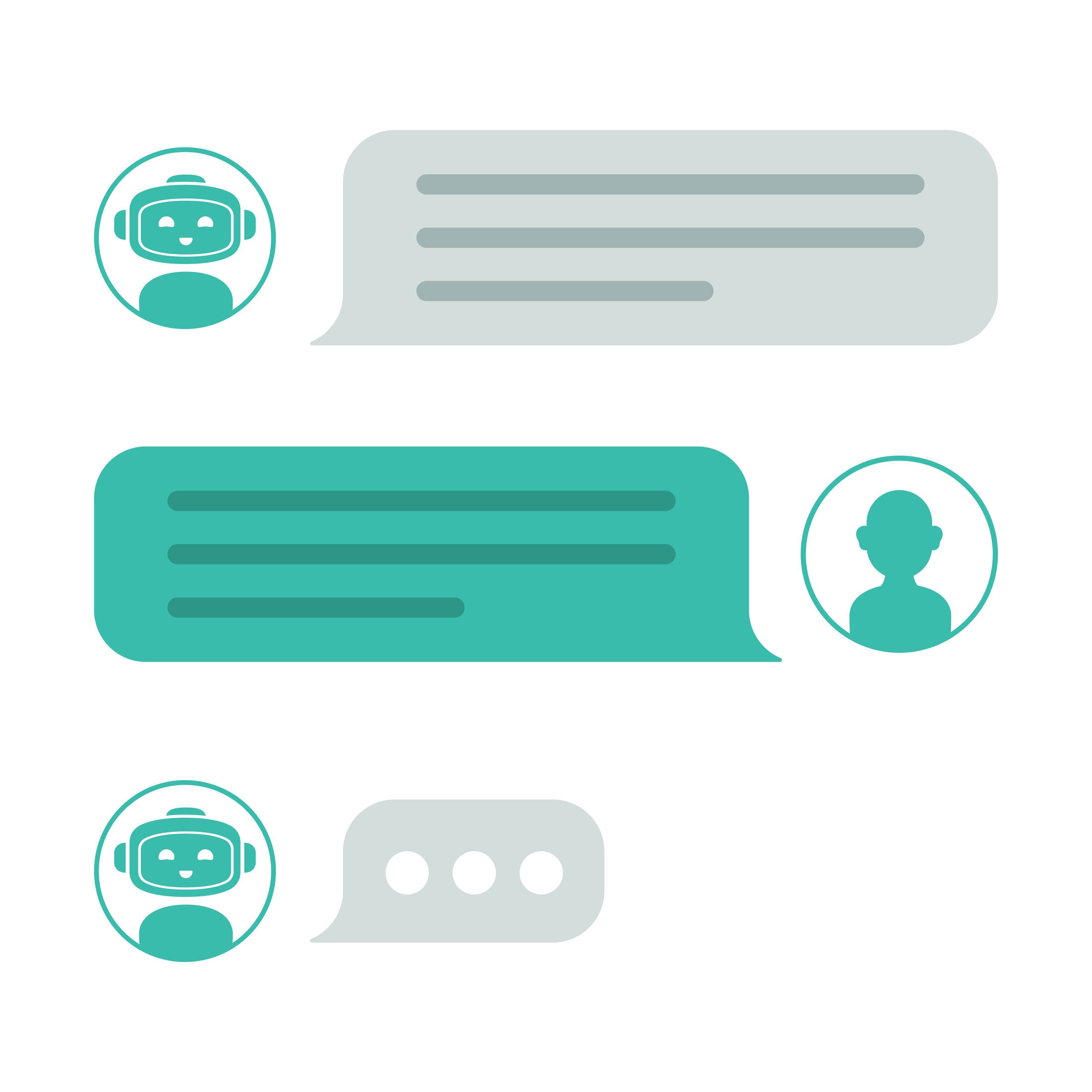Representação gráfica de um robot e uma pessoa a trocar mensagens num ambiente semelhante ao whatsapp, com balões de fala simples entre ambos.